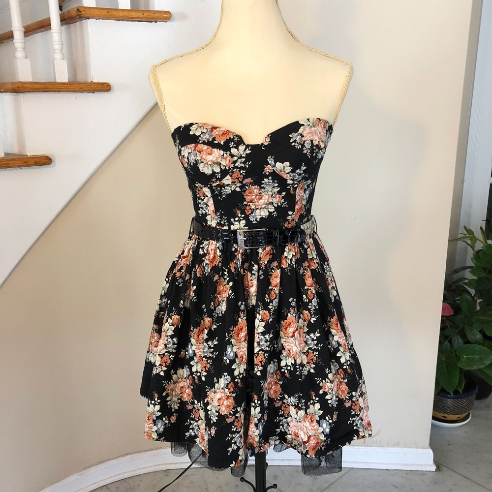 Strapless Floral Fit & Flare Dress with Belt